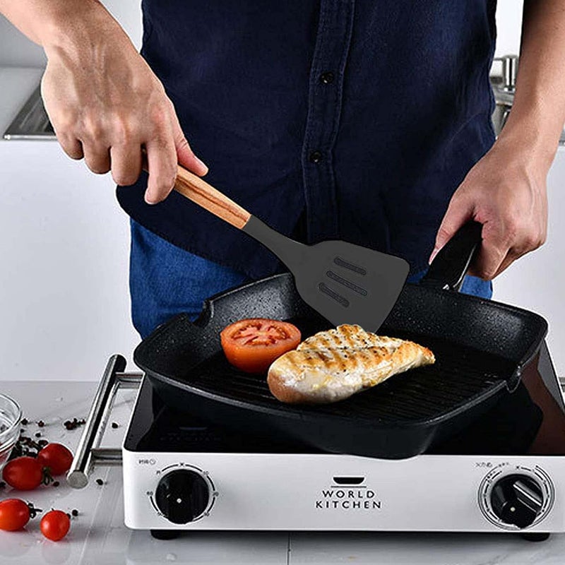 P plus fire Set of 5 Piece Silicone spatulas Cooking Utensil Set with Natural Acacia Hard Wood HandleWOODEN5APPLUS Grey - Image 2