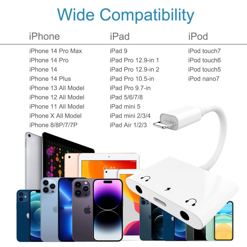 ELITEED 3in1 Lighting to 3.5mm,Headphone Adapter for iPhone, Dual Earphone Jack Audio and Charging Adapter,Headphone Splitter for iPhone 14/13/12/11/XS Max/XR/8/7 Plus /6/ iPad,Support iOS 10 to16 - Image 3
