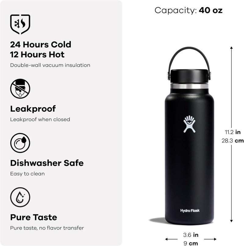 Hydro Flask زجاجة ماء - فولاذ مقاوم للصدأ معزول - فوهة واسعة بغطاء مرن، غير قابلة للتسرب، محكمة الإغلاق وقابلة لإعادة التعبئة بسعة 40 أونصة - Image 4