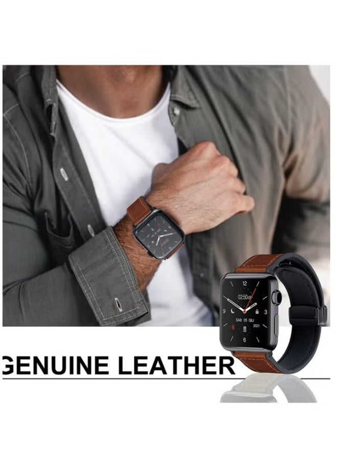 Magnetic Leather Watch Band for Apple Watch Ultra, 49mm 45mm 44mm 42mm, Magnetic Buckle Replacement Genuine Leather Strap for Apple Watch Series, Brown - Image 5