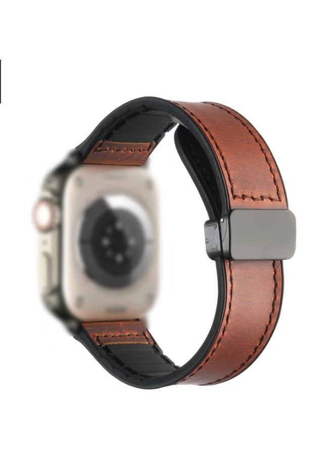 Magnetic Leather Watch Band for Apple Watch Ultra, 49mm 45mm 44mm 42mm, Magnetic Buckle Replacement Genuine Leather Strap for Apple Watch Series, Brown - Image 1