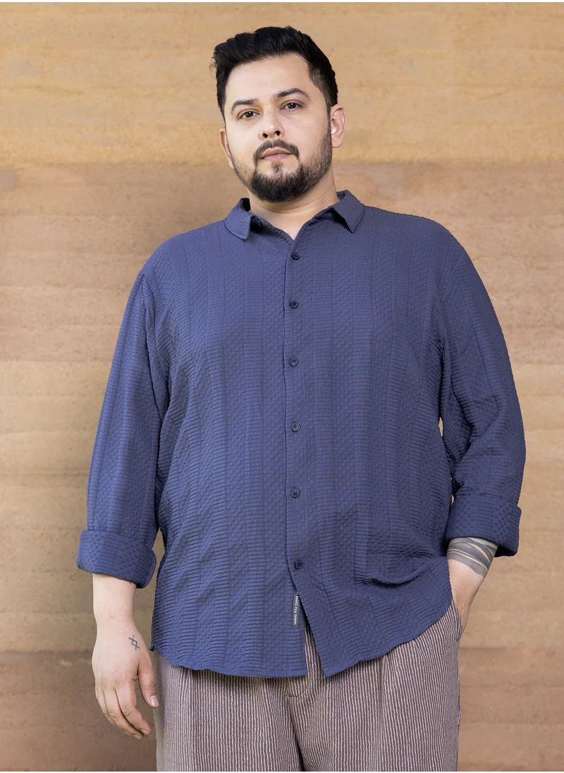 انستافاب بلس Instafab Plus Men's Berry Blue Parallel-Check Tactile Shirt For Casual Wear | Spread Collar | Long Cuffed Sleeves | Button Closure | Plus Size Shirt Crafted With Comfort Fit For Everyday Wear