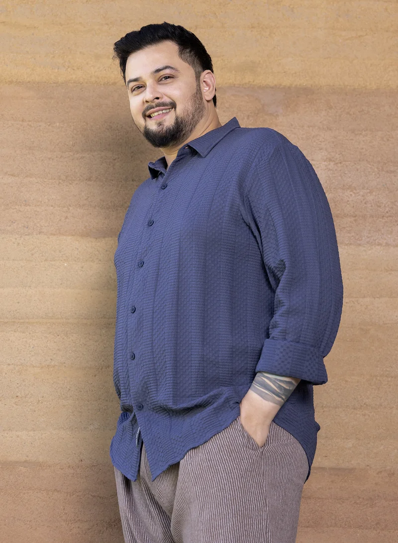 Instafab Plus Instafab Plus Men's Berry Blue Parallel-Check Tactile Shirt For Casual Wear | Spread Collar | Long Cuffed Sleeves | Button Closure | Plus Size Shirt Crafted With Comfort Fit For Everyday Wear