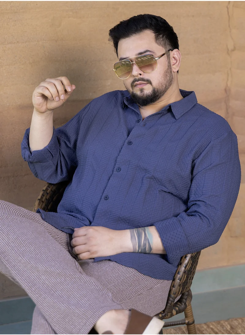 انستافاب بلس Instafab Plus Men's Berry Blue Parallel-Check Tactile Shirt For Casual Wear | Spread Collar | Long Cuffed Sleeves | Button Closure | Plus Size Shirt Crafted With Comfort Fit For Everyday Wear