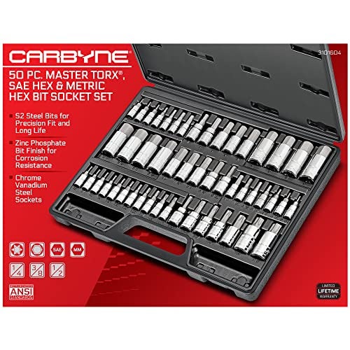 CARBYNE 50-Piece Master Torx, SAE & Metric Hex Bit (Allen) Socket Set | S2 Steel Bits, Cr-V Steel Sockets, Durable Storage Case. Torx: T6 to T70, Metric Hex: 2mm to 19mm, SAE Hex: 5/64 in. to 3/4 in. - Image 2