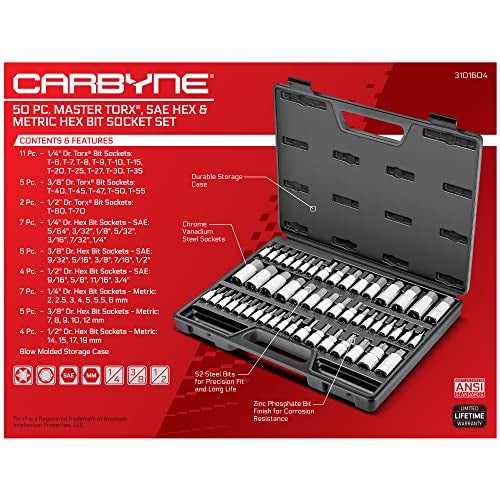 CARBYNE 50-Piece Master Torx, SAE & Metric Hex Bit (Allen) Socket Set | S2 Steel Bits, Cr-V Steel Sockets, Durable Storage Case. Torx: T6 to T70, Metric Hex: 2mm to 19mm, SAE Hex: 5/64 in. to 3/4 in. - Image 3