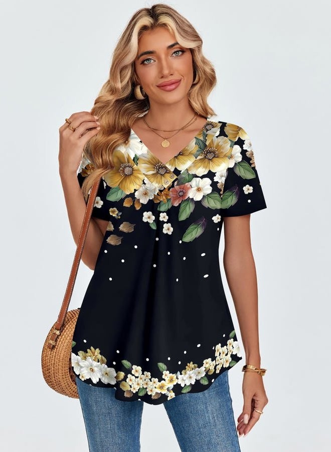 zeagoo V Neck Short Sleeve Shirts for Women Dressy Casual Blouses Pleated Summer Tunic Tops, Black Floral, XXL - Image 4