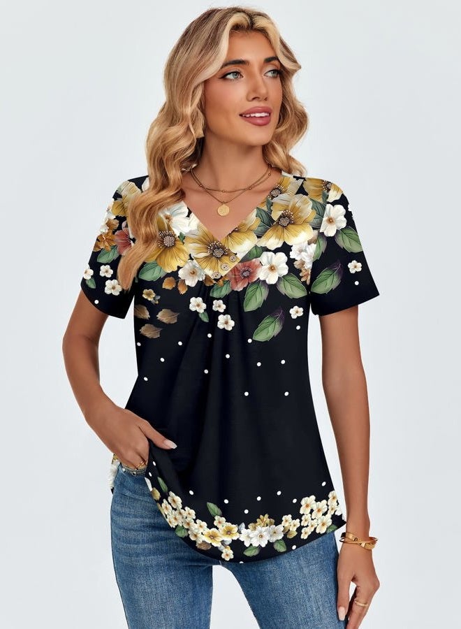 zeagoo V Neck Short Sleeve Shirts for Women Dressy Casual Blouses Pleated Summer Tunic Tops, Black Floral, XXL - Image 3