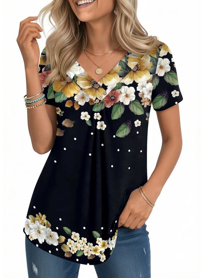 zeagoo V Neck Short Sleeve Shirts for Women Dressy Casual Blouses Pleated Summer Tunic Tops, Black Floral, XXL - Image 1