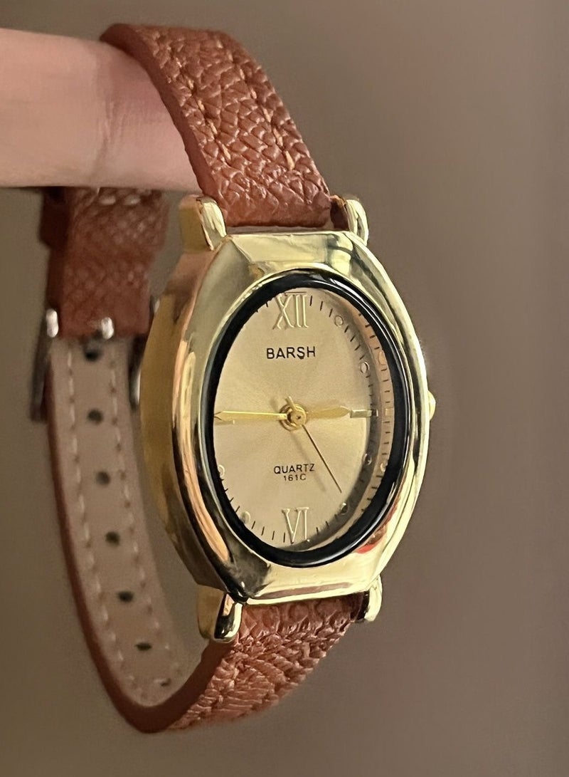 Barsh Women's Vintage Oval Watch - Gold Case with Tan Leather Strap & Minimalist Dial | Elegant Casual Wristwatch - Image 1