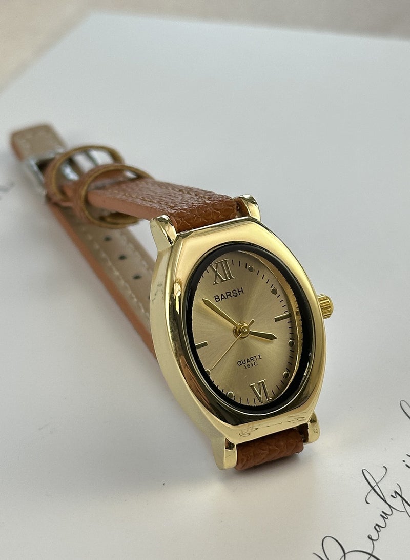 Barsh Women's Vintage Oval Watch - Gold Case with Tan Leather Strap & Minimalist Dial | Elegant Casual Wristwatch - Image 5