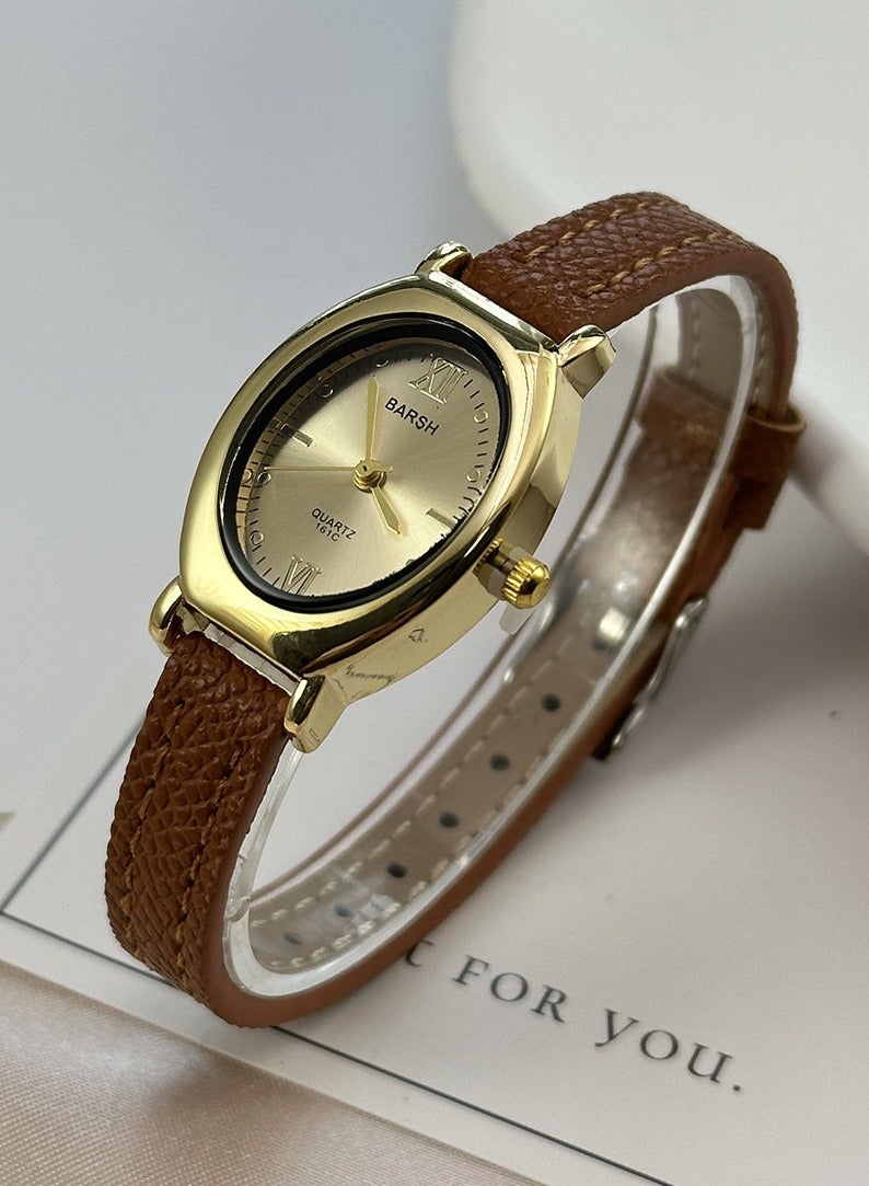 Barsh Women's Vintage Oval Watch - Gold Case with Tan Leather Strap & Minimalist Dial | Elegant Casual Wristwatch - Image 3