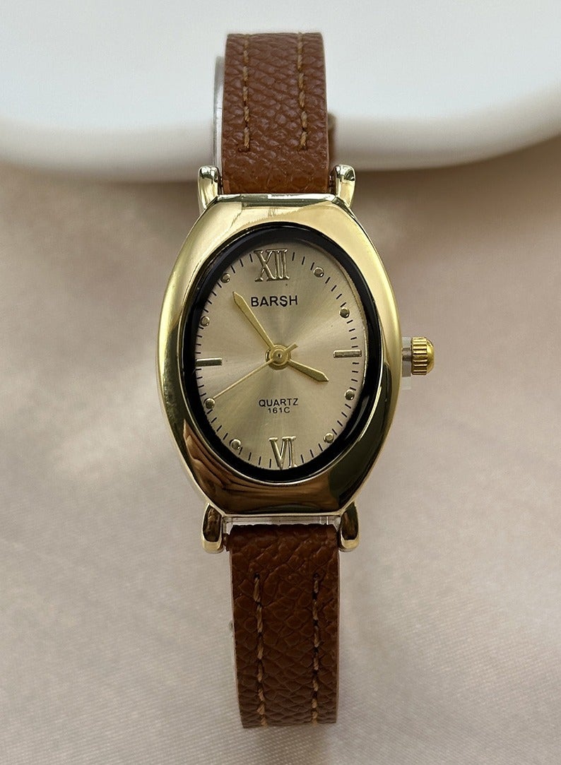 Barsh Women's Vintage Oval Watch - Gold Case with Tan Leather Strap & Minimalist Dial | Elegant Casual Wristwatch - Image 4