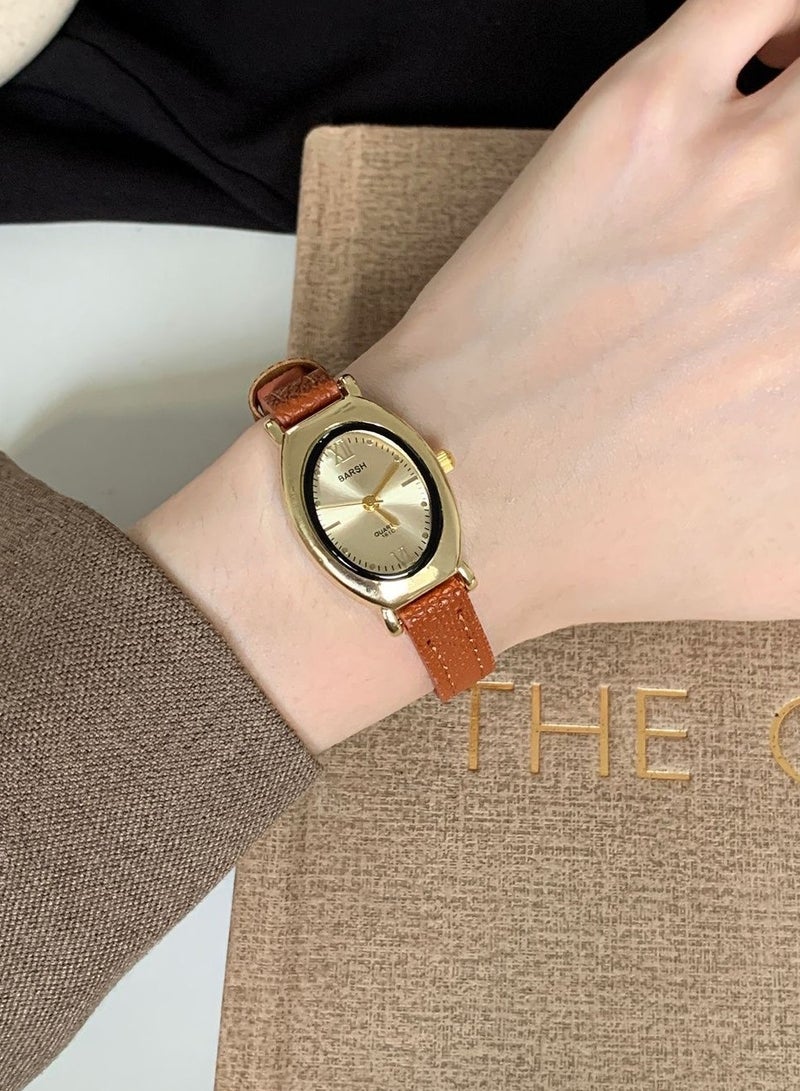 Barsh Women's Vintage Oval Watch - Gold Case with Tan Leather Strap & Minimalist Dial | Elegant Casual Wristwatch - Image 2