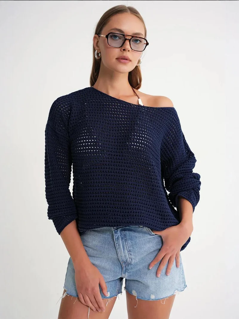 MixRay Mixray Openwork Boat Neck Drop Shoulder Crop Knit Top