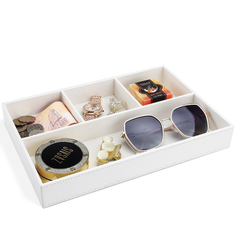 GORESE Faux Leather Valet Tray, Stackable Jewelry Trays for Dresser Table Drawer, Nightstand Organizer for Men Women, EDC Catch All Tray for Trinket, Key, Purse, Sunglass, Watch, Cologne, White - Image 1