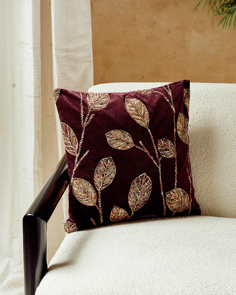REDTAG Purple Leaves Embroidered Cushion