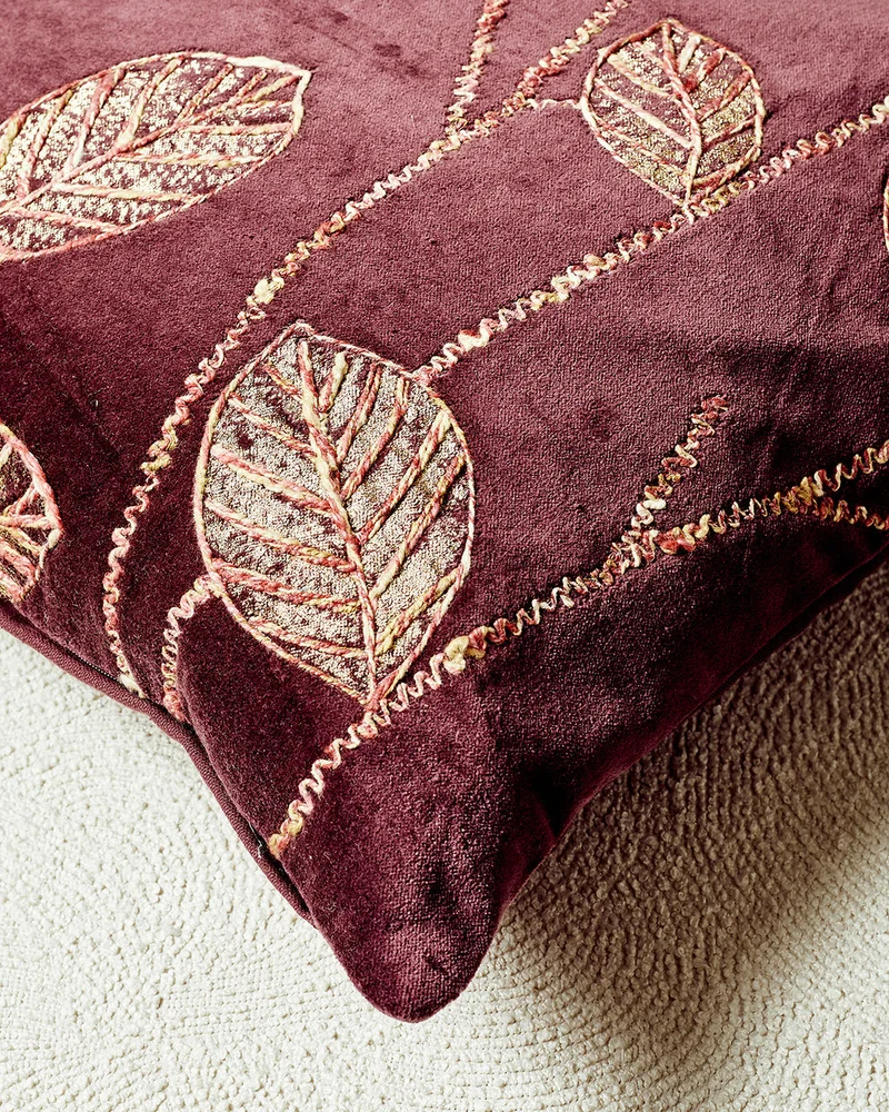 REDTAG Purple Leaves Embroidered Cushion