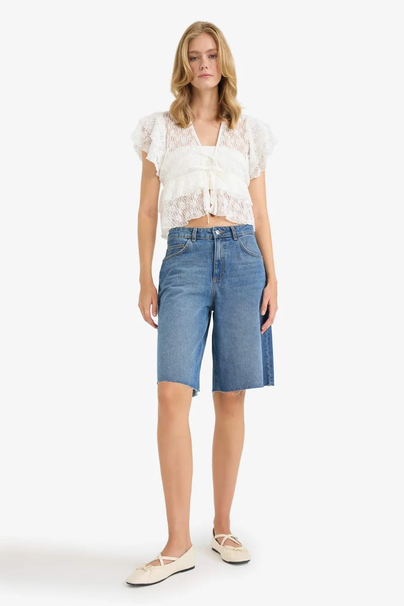 Defacto Fitted V-Neck Tulle Tie Front Blouse