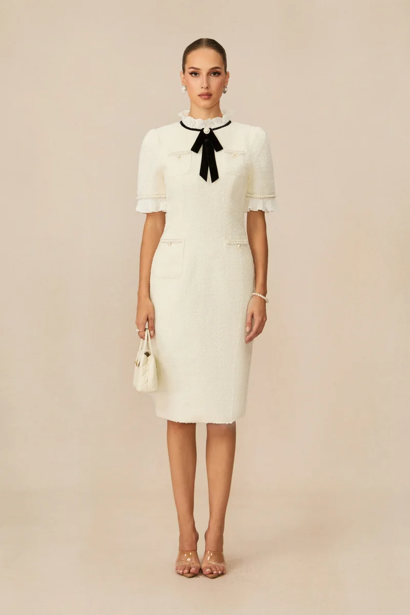 سنفير Precious And Perfect Velvet Bow Ruffled Midi Dress