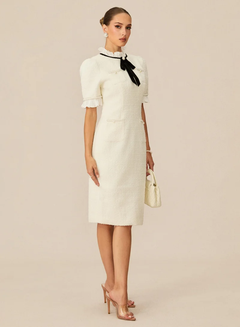 سنفير Precious And Perfect Velvet Bow Ruffled Midi Dress