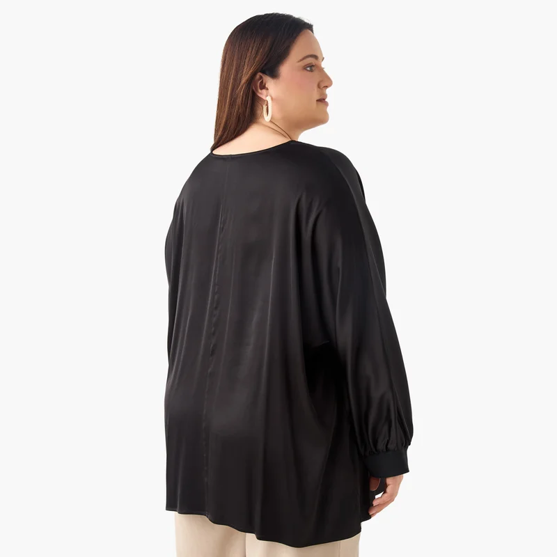 Ulla Popken Plus Size Ulla Popken V-neck Top with Long Sleeves