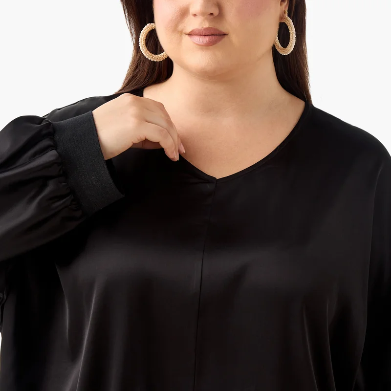 Ulla Popken Plus Size Ulla Popken V-neck Top with Long Sleeves