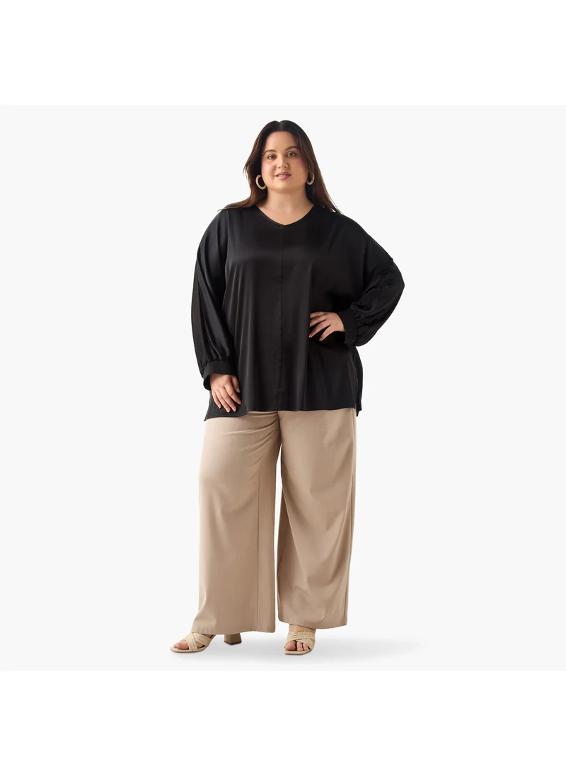 Ulla Popken Plus Size Ulla Popken V-neck Top with Long Sleeves