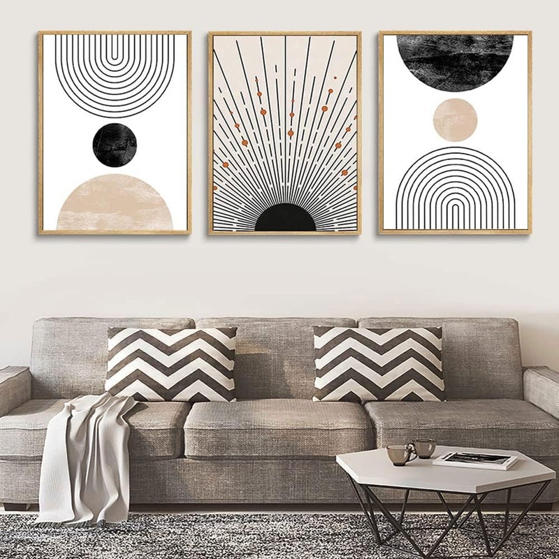 LOARTVE 3Pcs Beige Boho Wall Art Mid Century Modern Wall Decor Pictures Neutral Abstract Geometric Line Minimalist Canvas Posters Prints for Living Room Bedroom Office Home Decoration Unframed - Image 2