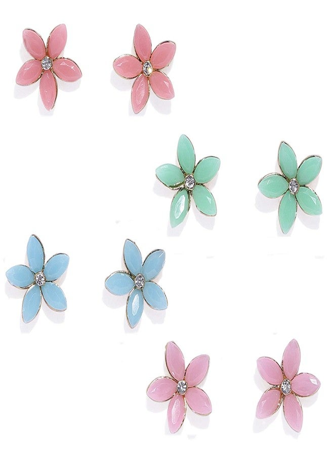 Mahi Rhodium Plated Floral Meenakari Stud Earrings combo for girls and women CO1104927R - Image 2
