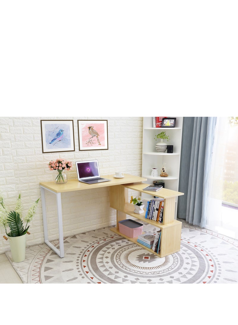 Eleva Home Foldable Desk Table with Shelves, 2 Tier Study Table with Bookshelf Desk Storage Rotatabale Study Table Office Corner Desk with Shelves Home Office Desk - Image 1