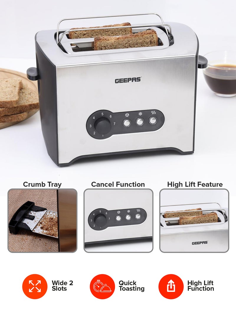 GEEPAS 2 Slice Toaster - Stainless Steel Bread Toaster with High Lift Lever With High Lift & Lock Function - Reheat| Defrost Function |Lift & Lock Function, Wide 2 Slots, Even & Fast Toasting, 2 Slices 900 W GBT6152 Silver/Black - Image 5