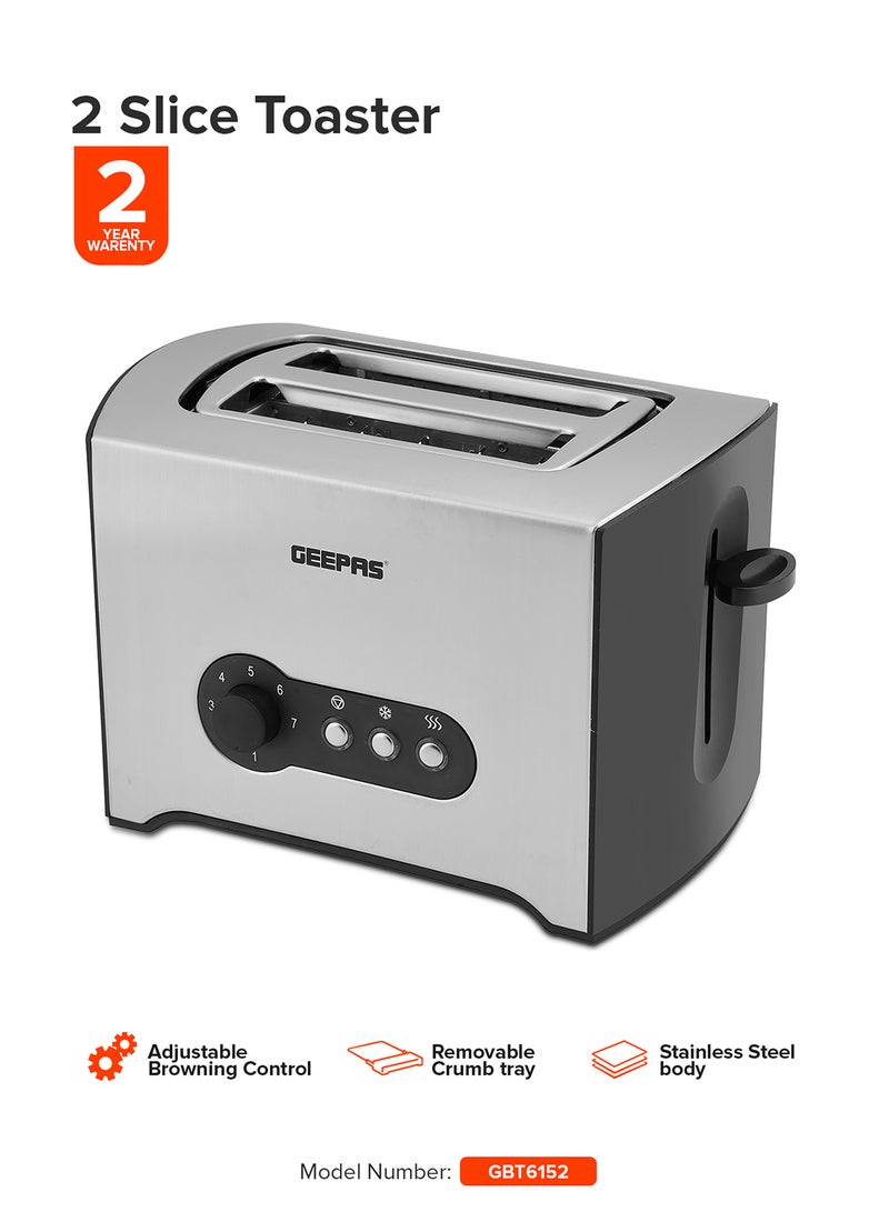 GEEPAS 2 Slice Toaster - Stainless Steel Bread Toaster with High Lift Lever With High Lift & Lock Function - Reheat| Defrost Function |Lift & Lock Function, Wide 2 Slots, Even & Fast Toasting, 2 Slices 900 W GBT6152 Silver/Black - Image 1