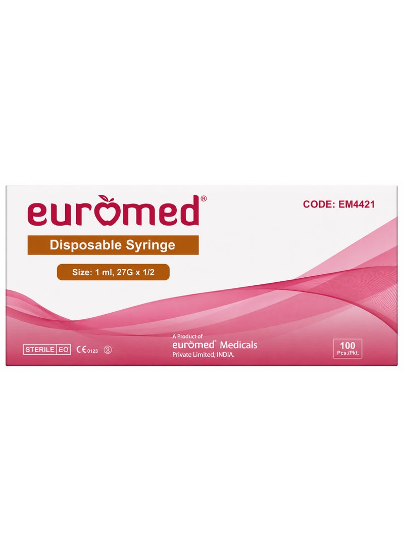 محقنة طبية معقمة للاستخدام مرة واحدة، سعة 1 مل، مقاس 27G × 1/2 بوصة، 100 قطعة | عبوة محقنة طبية معقمة