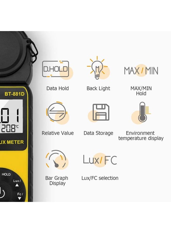 BTMETER BT-881D Digital Illuminance Light Meter, Measure Lights 0.01~400,000 Lux (0.01~40,000 FC) Foot Candles Luxmeter with 270º Rotated Sensor for Plants LED Lights Indoor Outdoor Light Tester - Image 5