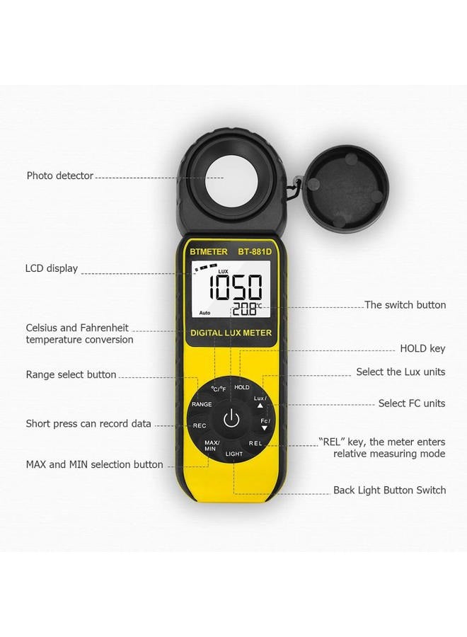 BTMETER BT-881D Digital Illuminance Light Meter, Measure Lights 0.01~400,000 Lux (0.01~40,000 FC) Foot Candles Luxmeter with 270º Rotated Sensor for Plants LED Lights Indoor Outdoor Light Tester - Image 4