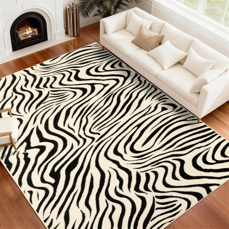 YIHOUSE 8Ã—10 Ft Area Rugs for Living Room: Modern Washable Rug - Abstract Black and Cream White Rug for Bedroom Dining Room Office Playroom Nursery Home Decor - Nonslip Non-Shedding Striped Rugs - Image 1
