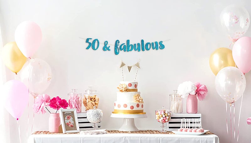 Festiko®50 & Fabulous Teal Glitter Banner - Happy 50th Birthday Party Banner - 50th Wedding Anniversary Decorations - Milestone Birthday Party Decorations - Image 2
