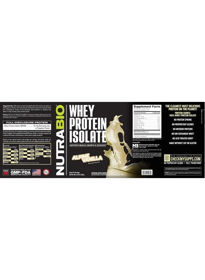 NutraBio - Whey Protein Powder Isolate Supplement – 25g of Protein Per Scoop with Complete Amino Acid Profile - Soy and Gluten Free Protein Powder - Zero Fillers and Non-GMO - Alpine Vanilla - 5 Lbs. - Image 1