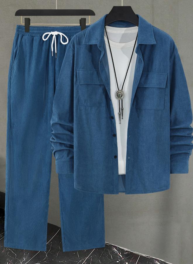 Take Two Men Blue Corduroy Shirt and Pants Co-ords - Image 1