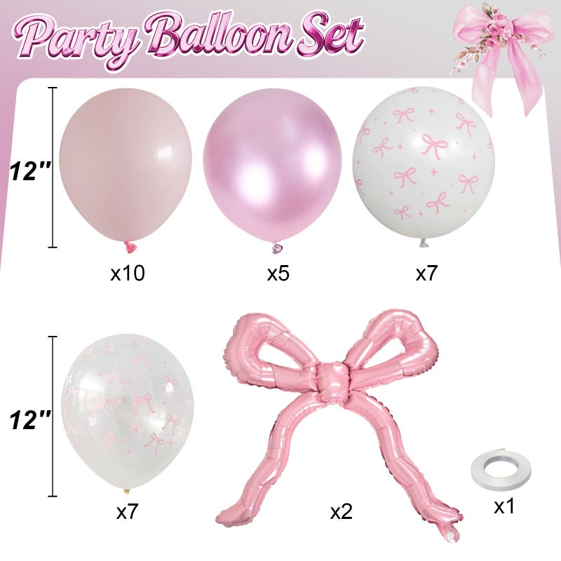 Froova Pink Bow Balloons, 12Inch Pastel Light Pink and Bow Print Balloon with Large Pink Bows Foil Balloon for Girls Coquette Birthday Bridal Baby Shower Bachelorette Wedding Party Decorations - Image 2