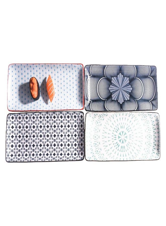 BOSILI Japanese Ceramic Sushi Plate Set of 4, 9.7" Rectangular Serving Platters with Traditional Asanoha & Mandala Patterns, Microwave & Dishwasher Safe Porcelain Dishes for Sashimi, Gyoza & Snacks - Image 1