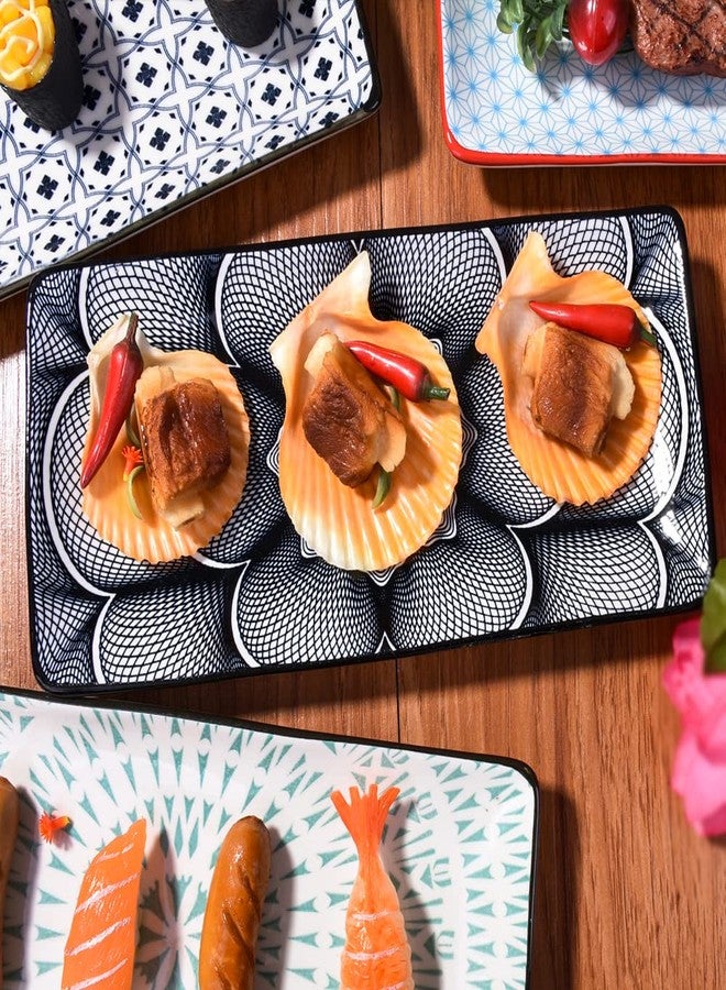 BOSILI Japanese Ceramic Sushi Plate Set of 4, 9.7" Rectangular Serving Platters with Traditional Asanoha & Mandala Patterns, Microwave & Dishwasher Safe Porcelain Dishes for Sashimi, Gyoza & Snacks - Image 3