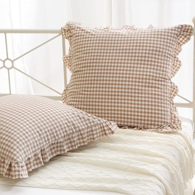 2 PACK TAUPE WHITE PLAID RUFFLE EURO PILLOW SHAMS 26X26 INCHES WASHED COTTON GINGHAM CAMEL BROWN FALL DECORATIVE PILLOW COVERS FOR BEDSOFA 26X26 INCHES TAUPEWHITE PLAID