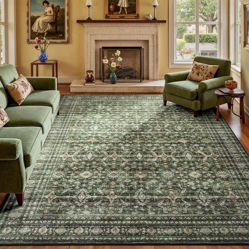 Lofus 8x10 Area Rug for Living Room,Green Washable Large Rugs with Non-Slip Backing,Soft Boho Carpets for Bedroom Dining Room Home Office Indoor Nursery - Image 1