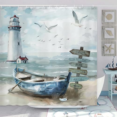 Uokiuki Nautical Coastal Shower Curtain Ocean Beach Lighthouse Shower Curtain Set Seasides Sailboat Coastal Blue Teal Decor Shower Curtain for Bathroom with Hook 70X70IN - Image 3