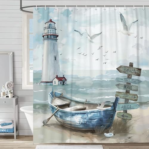 Uokiuki Nautical Coastal Shower Curtain Ocean Beach Lighthouse Shower Curtain Set Seasides Sailboat Coastal Blue Teal Decor Shower Curtain for Bathroom with Hook 70X70IN - Image 1