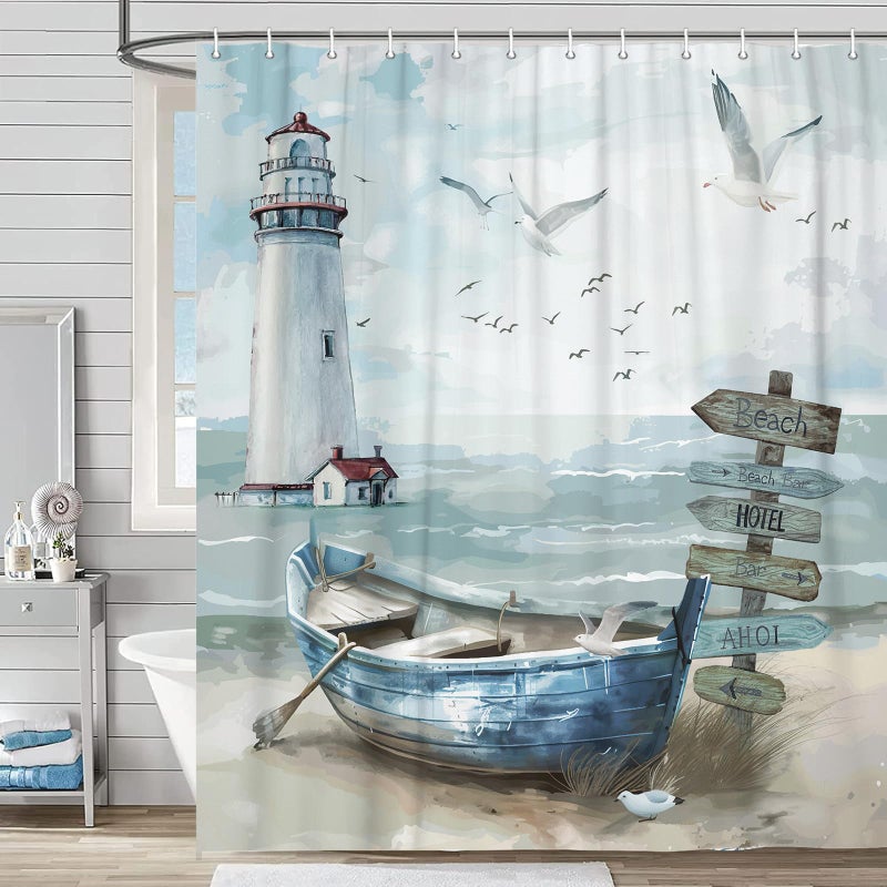 Uokiuki Nautical Coastal Shower Curtain Ocean Beach Lighthouse Shower Curtain Set Seasides Sailboat Coastal Blue Teal Decor Shower Curtain for Bathroom with Hook 70X70IN - Image 2