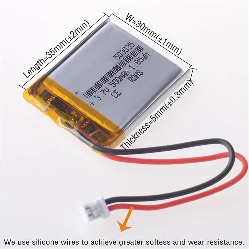 بطارية ليثيوم قابلة للشحن 3.7 فولت 500 مللي أمبير مع كابل 2.0 2P بطول 5 سم - Image 4