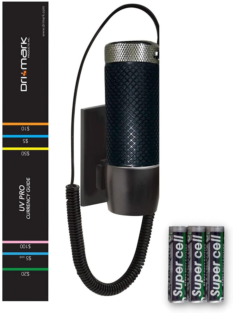 Dri Mark UVPro Proprietary Ultraviolet Flashlight Document Fraud & International Counterfeit Money Detection - Detects Pet Urine, Stains & Cleanliness - Loss & Fraud Protection Batteries + Coil/Holder